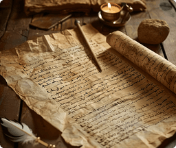 Ancient Aramaic manuscript scroll with candlelight
